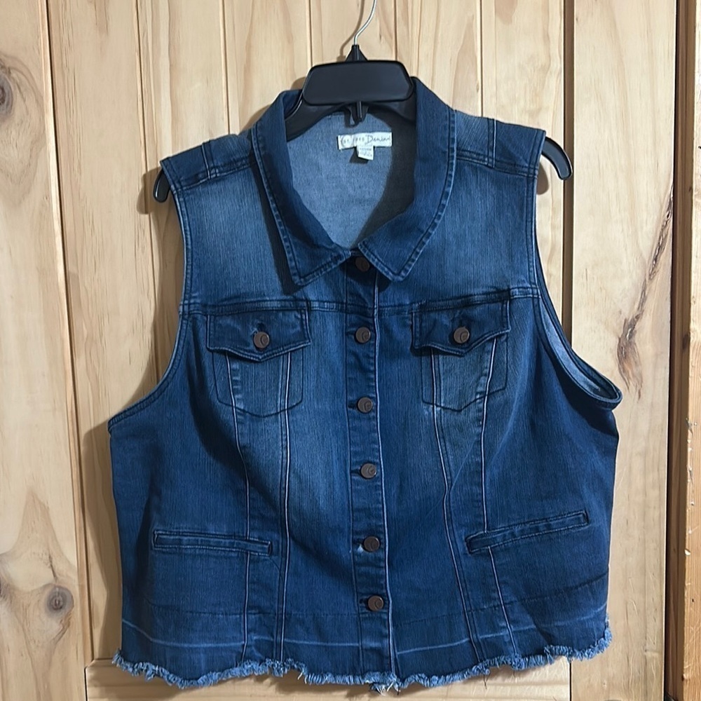 EST. 1946 Blue Denim Sleeveless Vest Medium Wash Fringe Vest